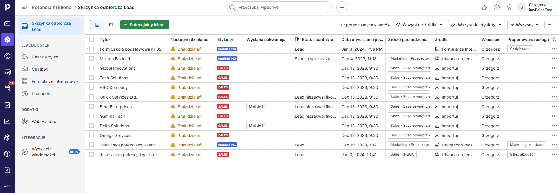 potencjalnyFunkcja Zarządzania Leadami Pipedrive